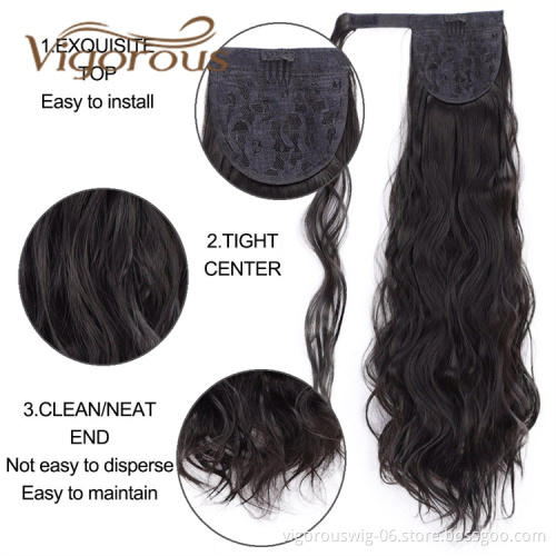 Free sample Hair Long Natural Wave Clip In Pony Tail Synthetic Heat Resistant Fiber Hair Extension Wrap Round Ponytail Hairpiece